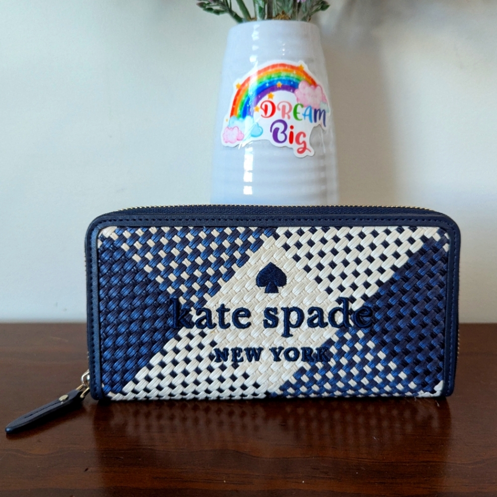 Kate Spade Navy And White Woven Long Zip Wallet